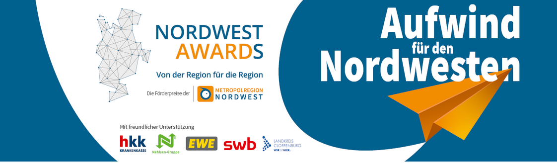 Banner NordWest Awards 2026 Werbebanner zum Nordwest Awards zeigt die Förderlogen und den Slogan "Aufwind für den Nordwesten"