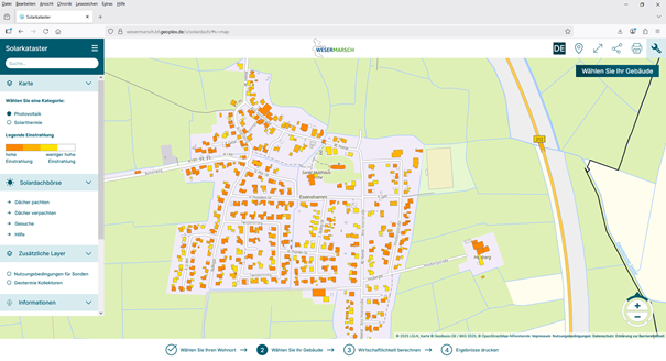 Kartenausschnitt eines Ortsteils mit eingefärbten Dächern
