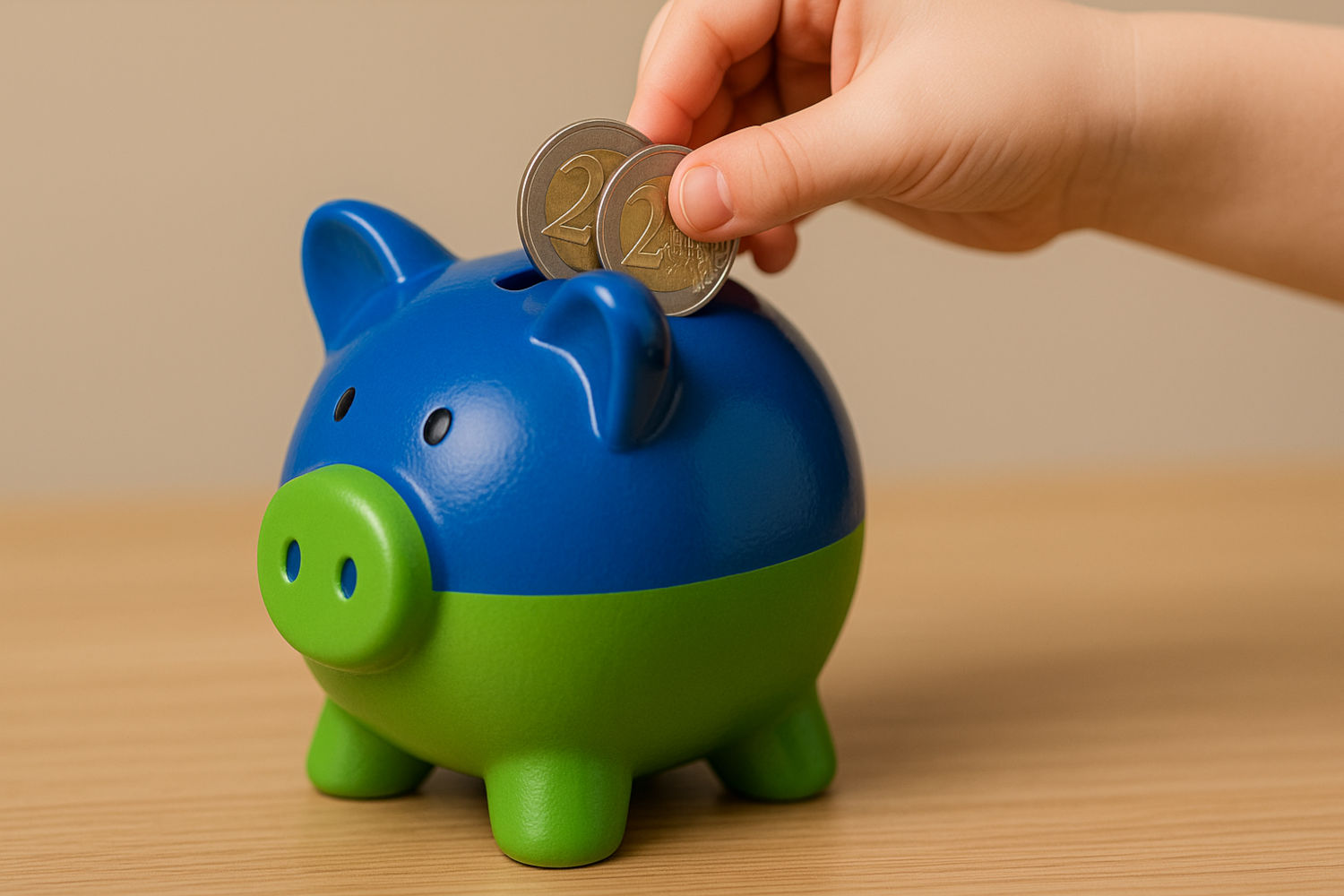 Ein Sparschwein in Blau und Grün wird von einer Kinderhand mit zwei Zwei-Euro-Stücken befüllt.