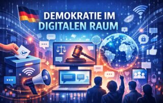 Illustration zu „Demokratie im digitalen Raum“ mit Wahlurne, vernetzten Menschen, Social-Media-Symbolen und digitaler Weltkarte.