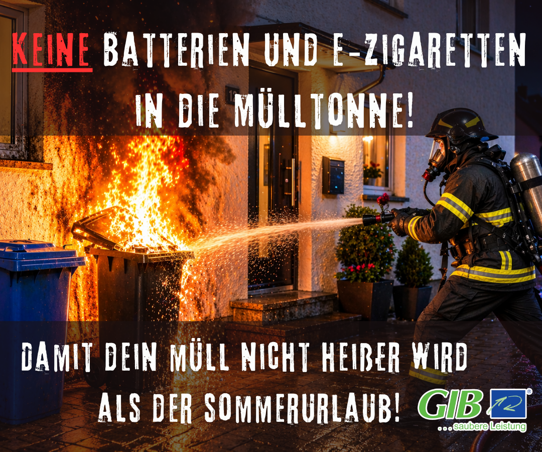 Feuerwehrmann löscht eine brennende Mülltonne. Hinweistext für falsche Entsorgung von Batterien und E-Zigaretten weist auf die Brandgefahr hin.